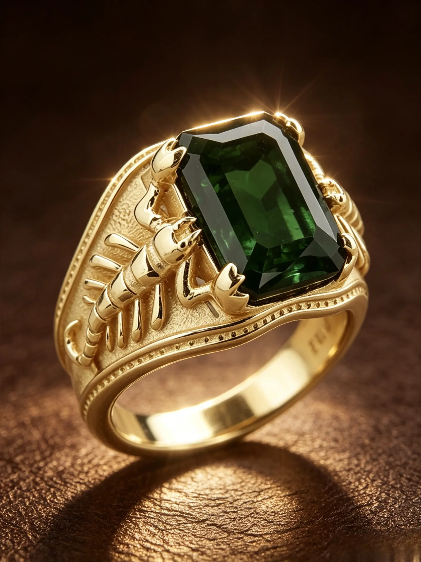 Gold Plated Square Emerald Green Cubic Zirconia Men's Signet Ring 3D Scorpion Embossed Wide Band Bling Statement Finger Ornament Luxury Gothic Vintage Accessory For Club Party Street Photoshoot Business Banquet Birthday Anniversary Holiday Gift For Men