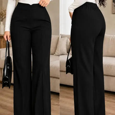 Plus Size Women's High Waisted Wide-Leg Pants Bottom, Minimalist Casual Trousers with Comfortable Fit, Elegant for Office, Going Out & Daily Wear