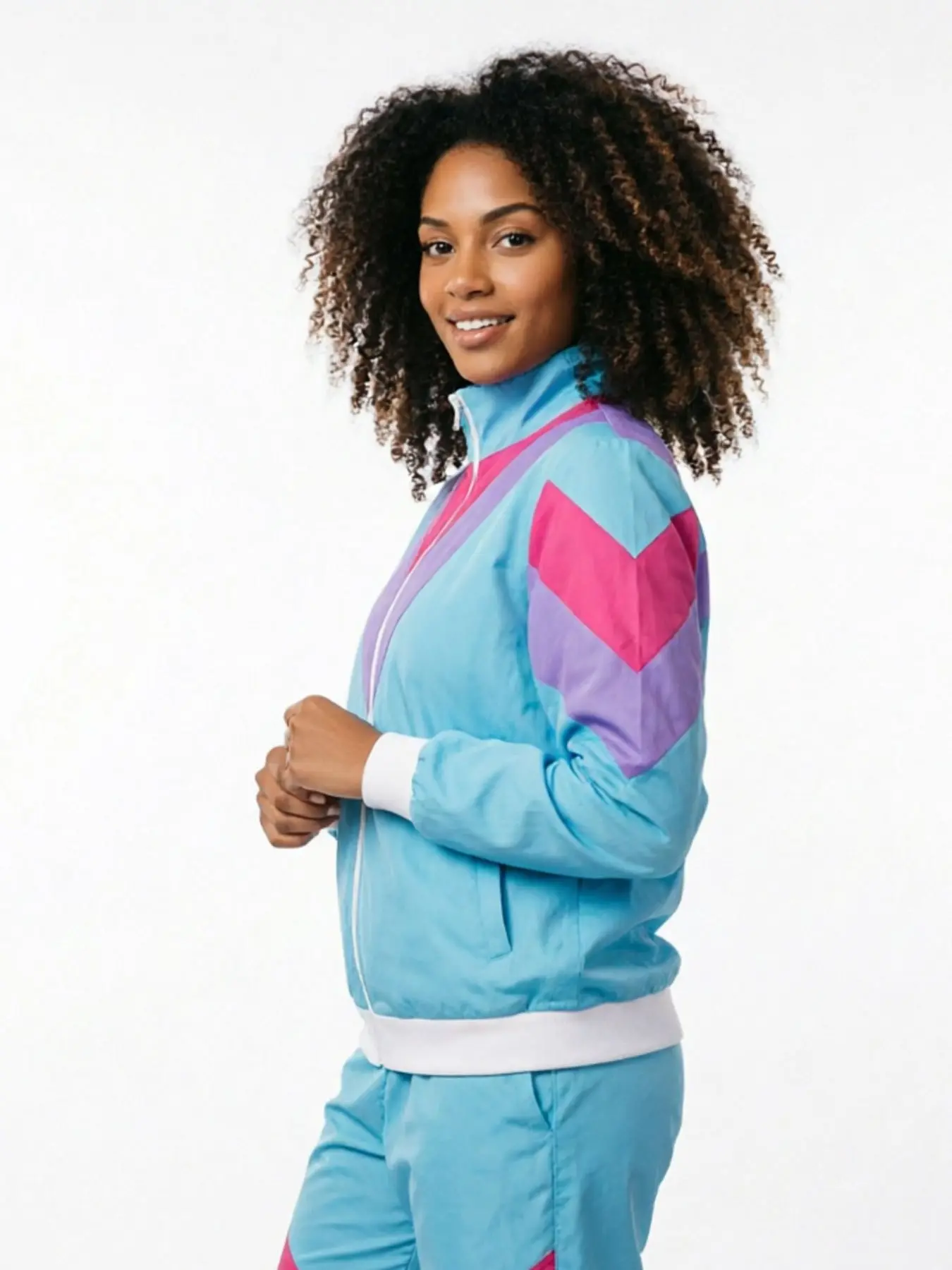 80s Retro Disco Party Wear Blue Pink Splicing Sports Suit Women's Aerobics Nostalgic Stage Photo Costume Sports Set
