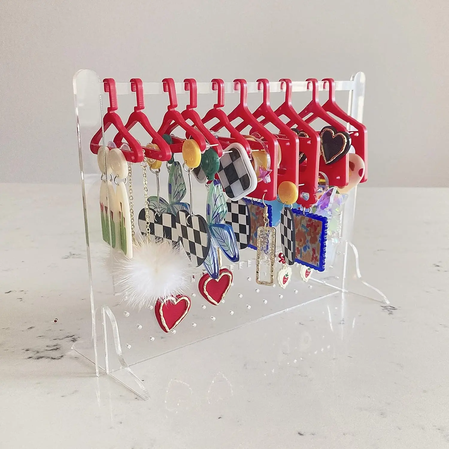 Cute Earring Rack Holder Coat Hangers Stand  Earring Closet  Earring Display Stand Earrings Organizer Ear Stud Holder (clear & red)