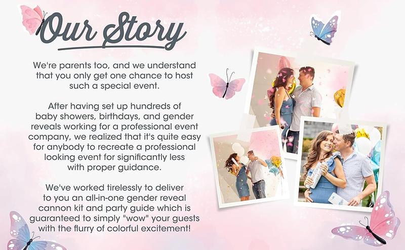 Gender Reveal Confetti Cannon - Biodegradable Powder & Butterfly Shaped Confetti Poppers - Pink 4 Pack - Baby Girl Gender Reveal Smoke Bomb Party Poppers