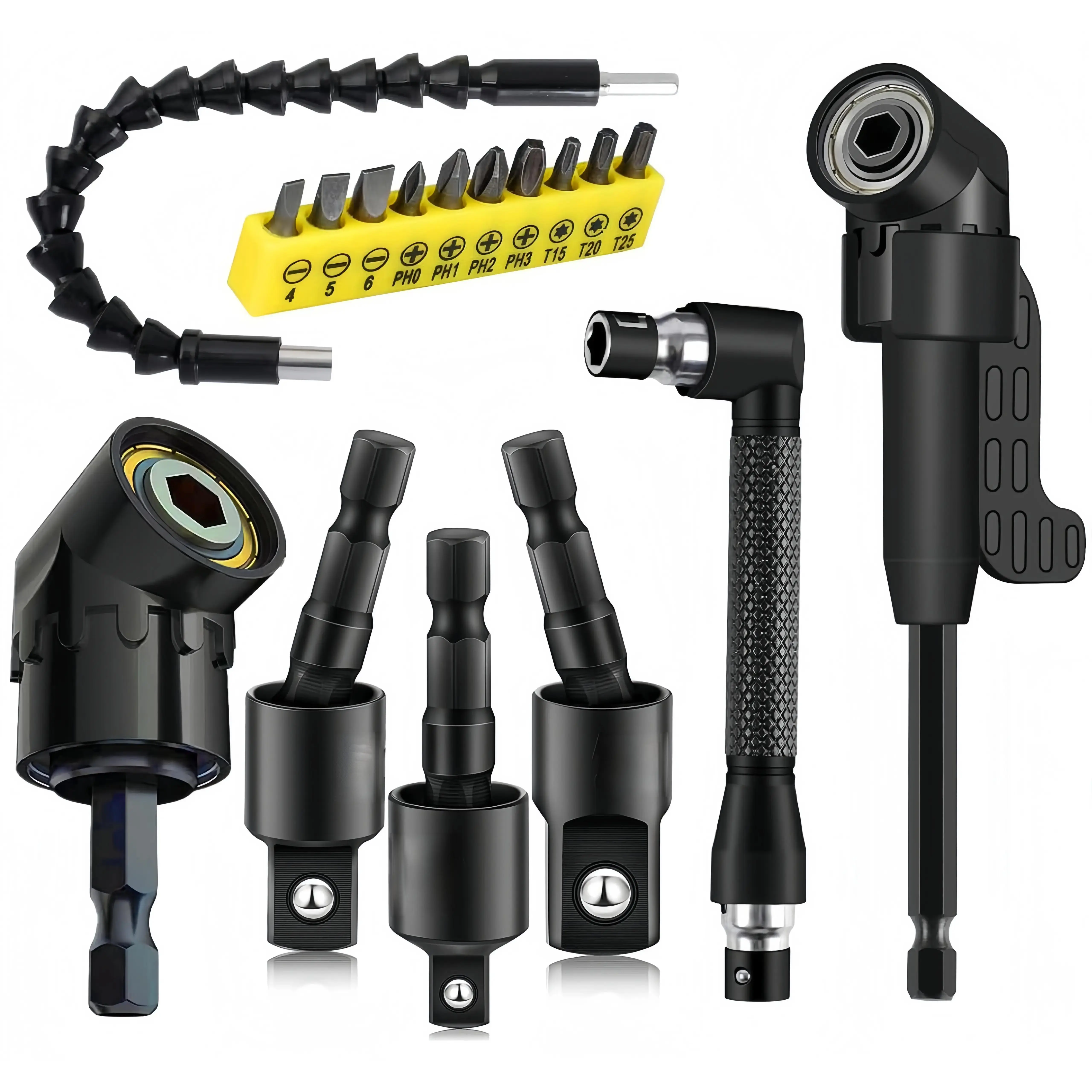 17Pcs Flexible Drill Bit Extension, Include 3Pcs Rotatable Socket Adapter 2Pcs Hex Shank 105° Right Angle Drill Attachment 10 Short Screwdriver Bits 90° Angled Bits and Bendable Extension
