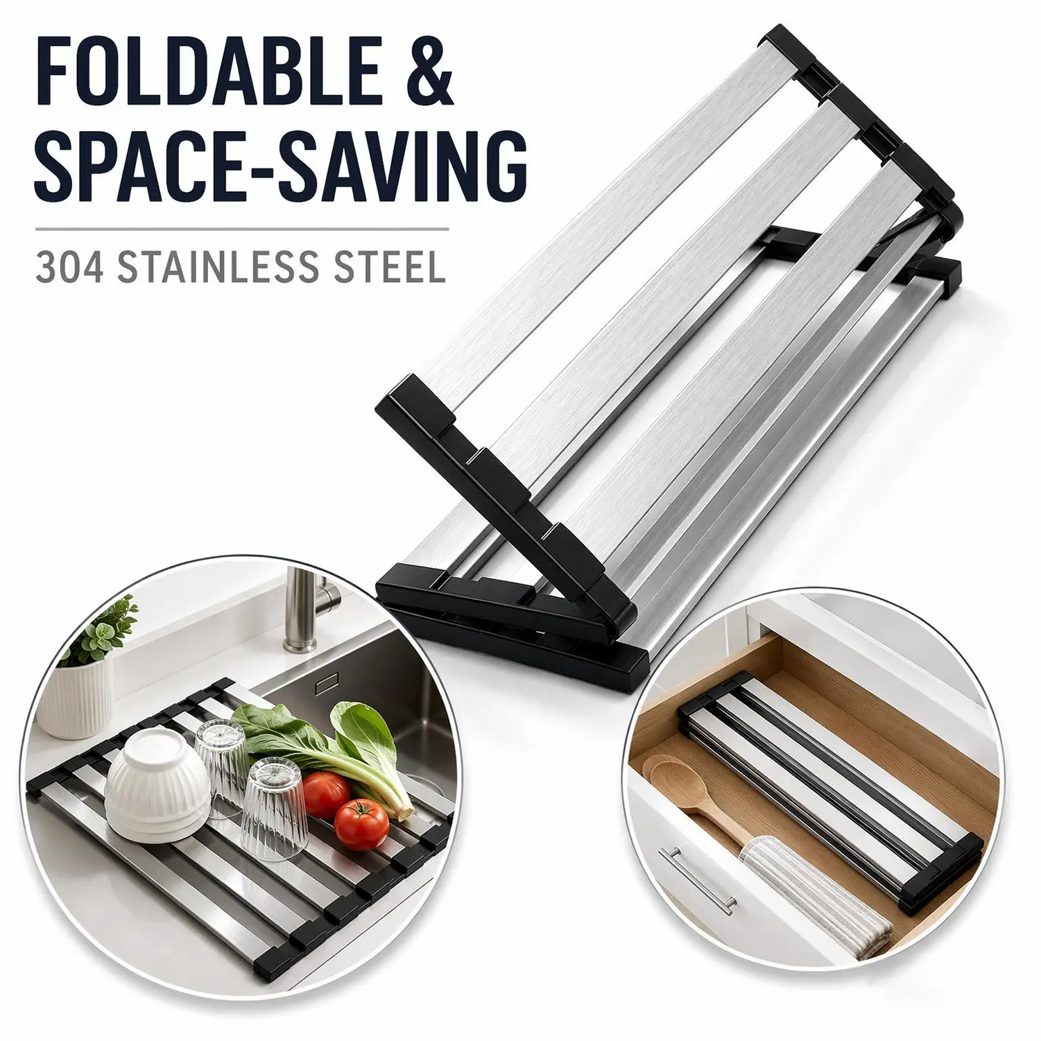 304 Stainless Steel Rectangular Over Sink Rack - 38x32.5cm Roll-Up Foldable Kitchen Drainer with Silicone Non-Slip Feet, Heat-Resistant Rustproof Sink Cover, Space-Saving Multipurpose Organizer for Dishes, Utensils