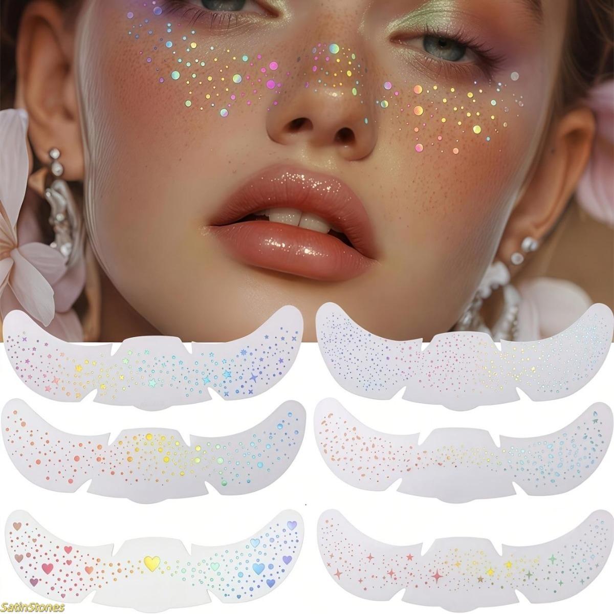 6 Pack Glitter Freckle Stickers, Rainbow Heart Star Pattern Waterproof Temporary Tattoo Decals for Party Holidays Daily Makeup Decoration, Glitter Tattoo