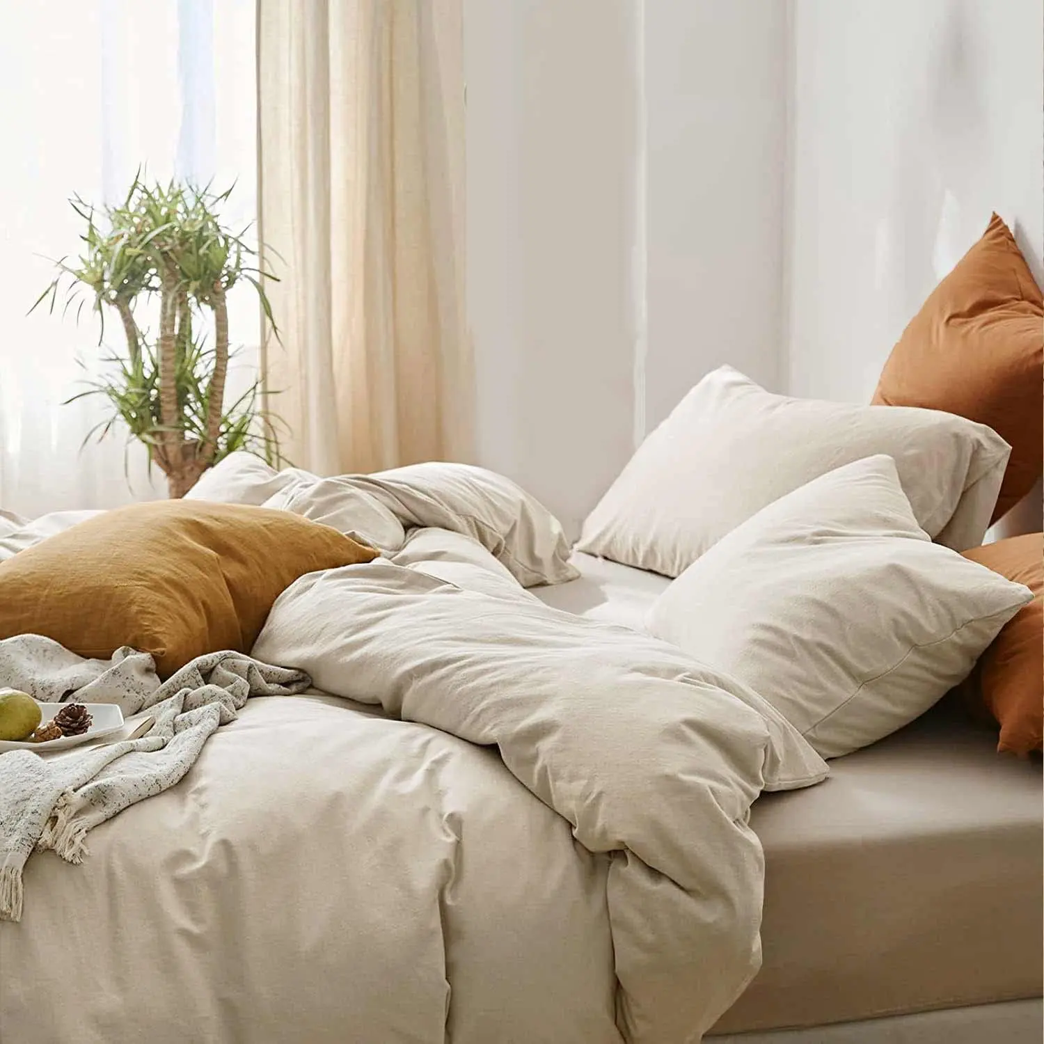 Duvet Cover King Size, Soft Farmhouse Bedding Comforter Cover Set 3 Pieces with Zipper, 1 Lightweight Microfiber Duvet Cover 90x104 inches and 2 Pillow Shams for Men, Light Khaki| Soft Boho Bed Cover Set, 1 Lightweight Bedding Microfiber Comforter Cover W
