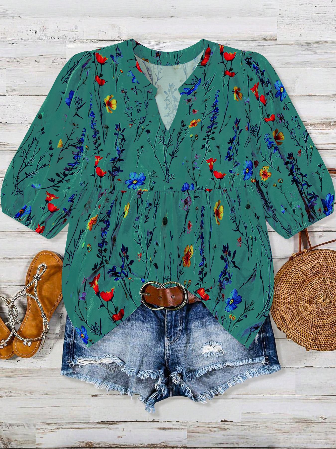 【Plus Size】 Floral Print Notched Neck Boho Cottagecore Blouse, Boho Floral Printed Casual Bishop Sleeve Top for Summer, Women's Clothes for Daily Wear