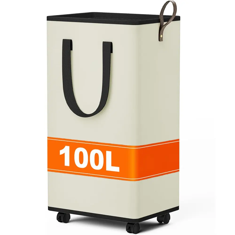 Large Rolling Laundry Basket, 80L/90L/100L Capacity, Wheeled Handle, Collapsible with Drawstring Mesh Cover, Foldable Organizer