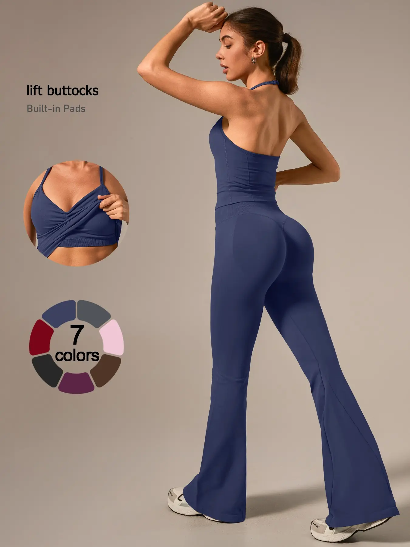 Women's Two-Piece Sportswear Set, Fitness Suit, High Elasticity Quick-Dry Fabric, Halter Neck Design, Waist Cinch, Flare Leg Pants, Daily Workout