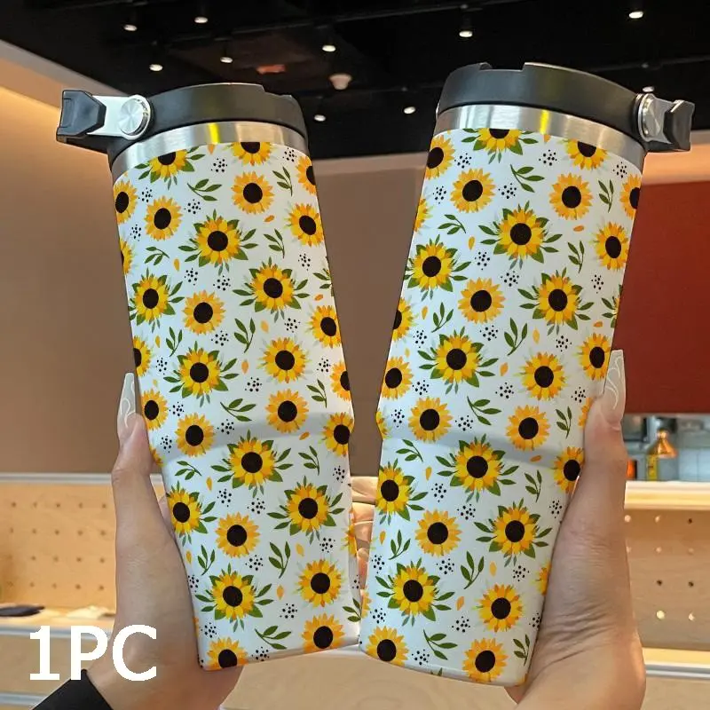 30oz Insulated Portable Water Bottle with Straw, Sunflower Print Design, Durable 304 Stainless Steel Thermos Coffee Travel Mugs Insulated for Hot and Cold Quencher Tumbler Insulated Cup Drinkware Insulated Water Bottles for Sports, Outdoor, and Travel