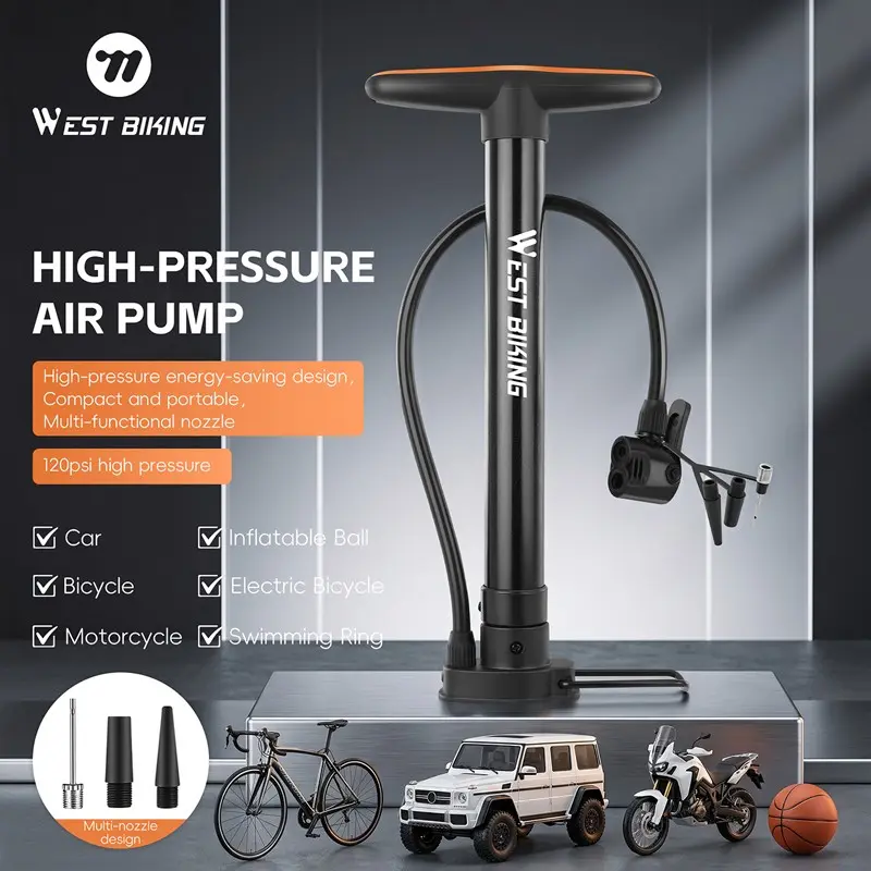 WEST BIKING Bike Floor Pump Bike Tire Pump 120PSI High Pressure Portable Bicycle Air Pump with Foldable Metal Pedal, Multi Nozzle Fit Presta Schrader Valve for Bicycle Motorcycle Car Ball Swimming Ring, Bike Accessories