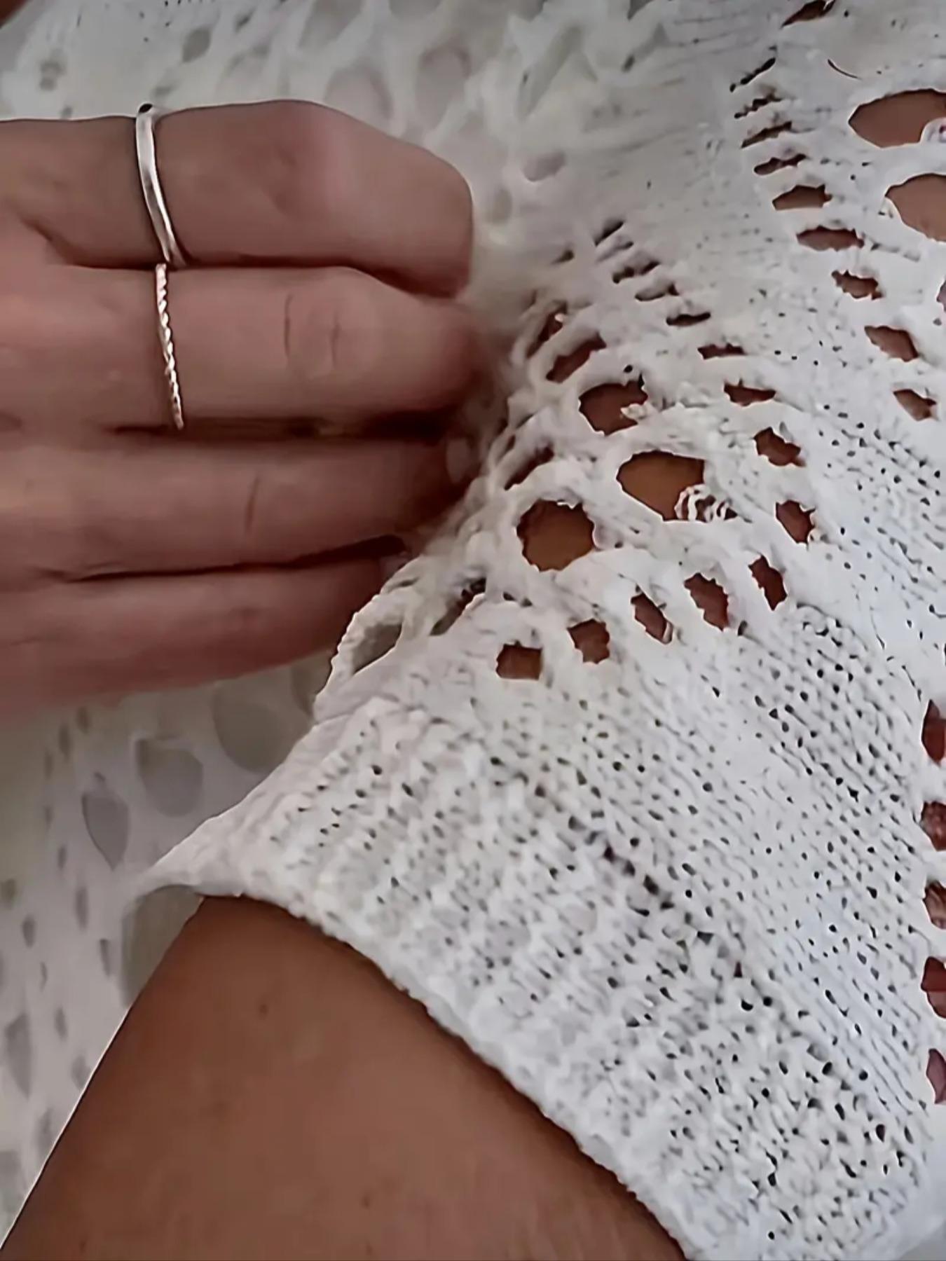 Plus Size Solid Hollow Out Drop Shoulder Knit Top, Casual V Neck Three Quarter Length Sleeve V Neck Knitwear for Summer, Women's Plus Clothing for Daily Wear