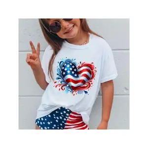 Independence Day 1pc New Summer Girl Patriotic Heart with Stars Stripes Usa Patriotic T-Shirt, Funny White Shirt for 5-13Y Boy Girl Teen