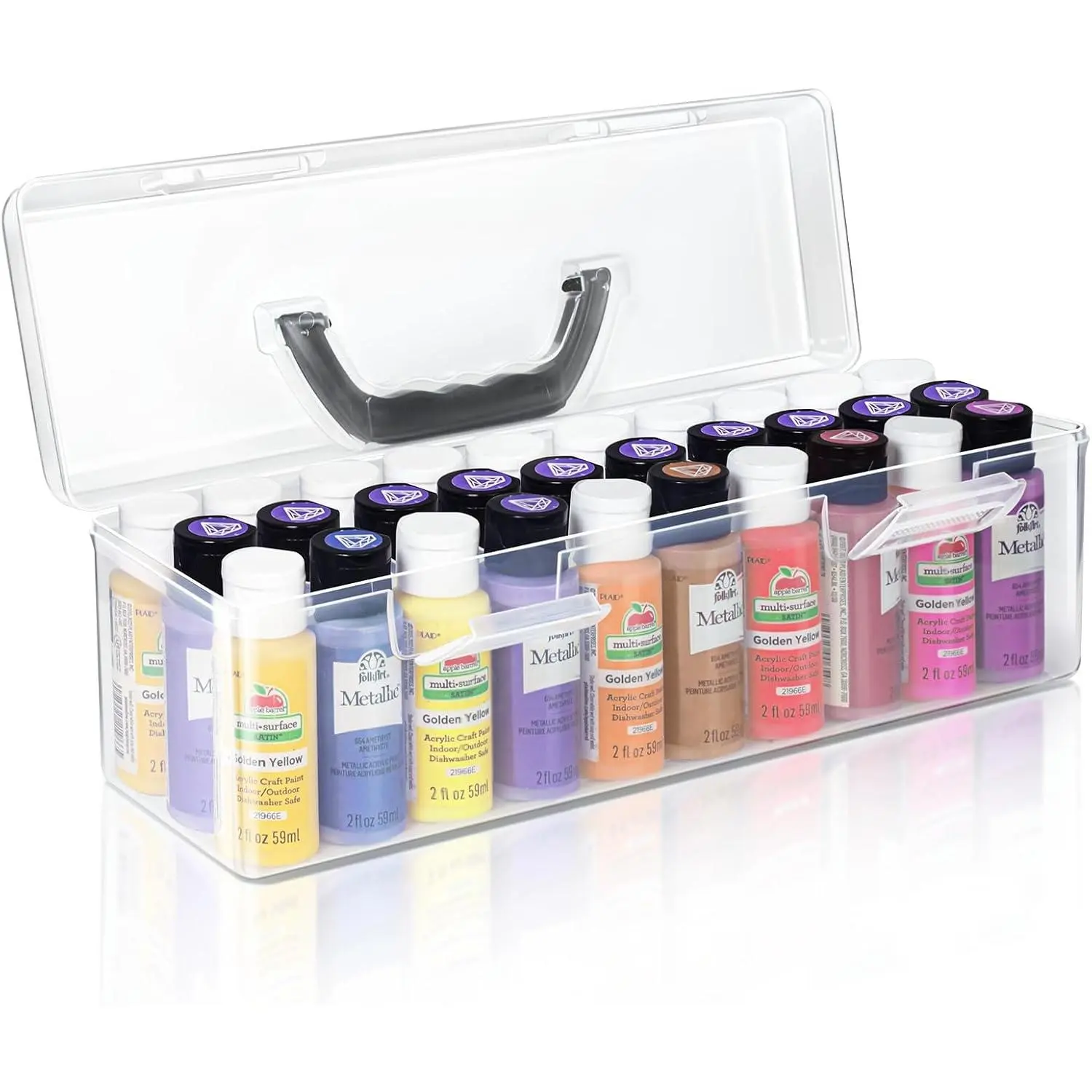 Transparent Plastic Rectangular Acrylic Paint Storage Box - 30-Bottle Capacity for 2 fl. oz Bottles, Craft Brush Organizer, Flat Base