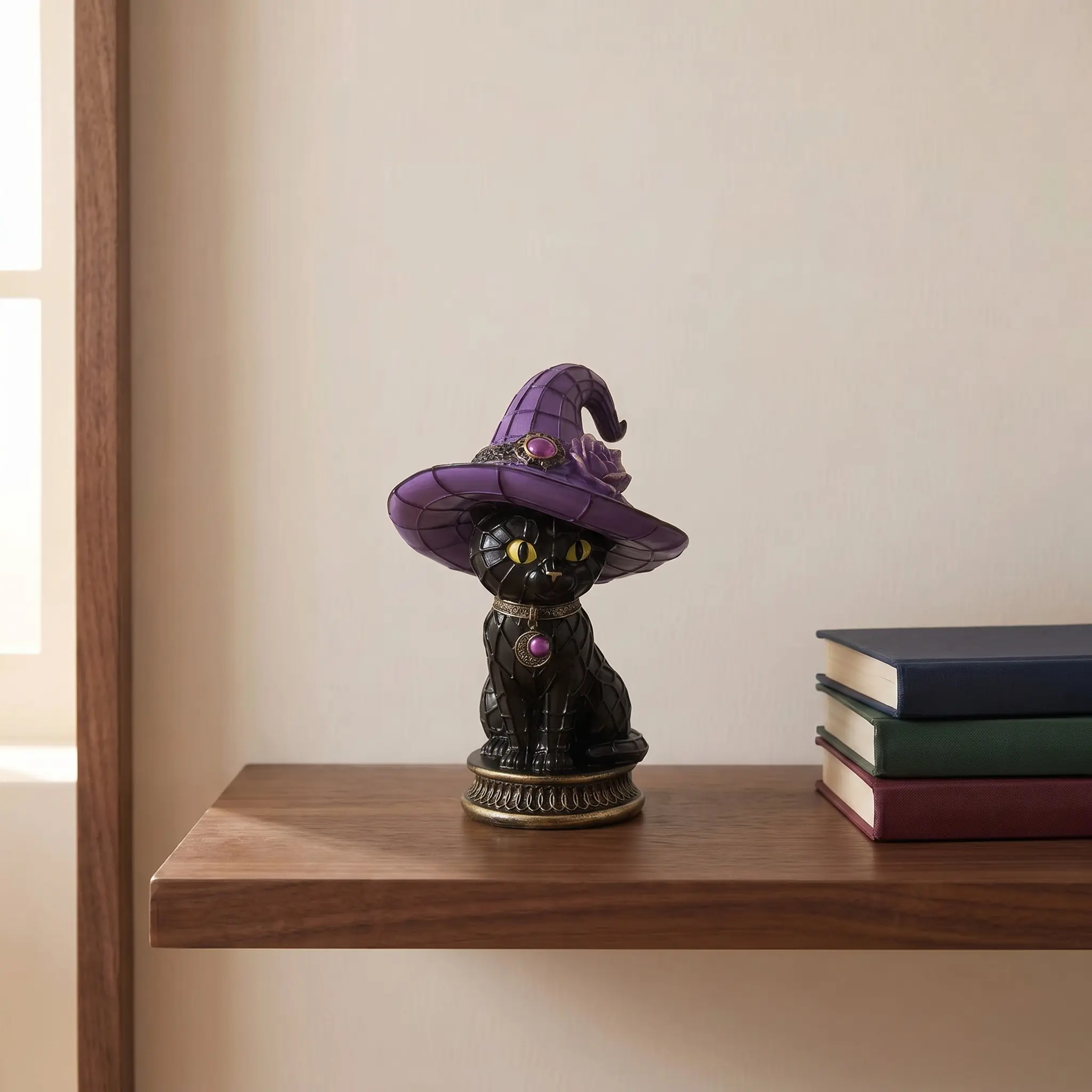 Unique Resin Witch Hat Table Lamp with Glowing Cat, Halloween Mood Light for Living Room, Porch or Gift Giving, Decorative Lighting
