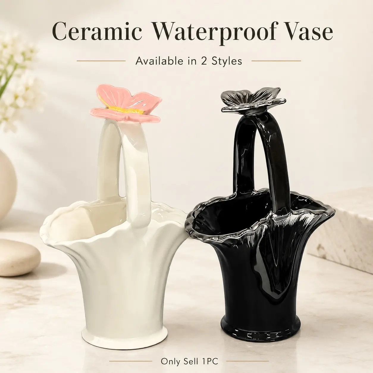 Waterproof Ceramic Butterfly Handle Vase, Glossy Wave Edge Flower Basket, Perfect Gift for Women, Mother's Day, Valentine's Day, Elegant Floral Arrangement Container, Suitable for Artificial Roses and Tulips