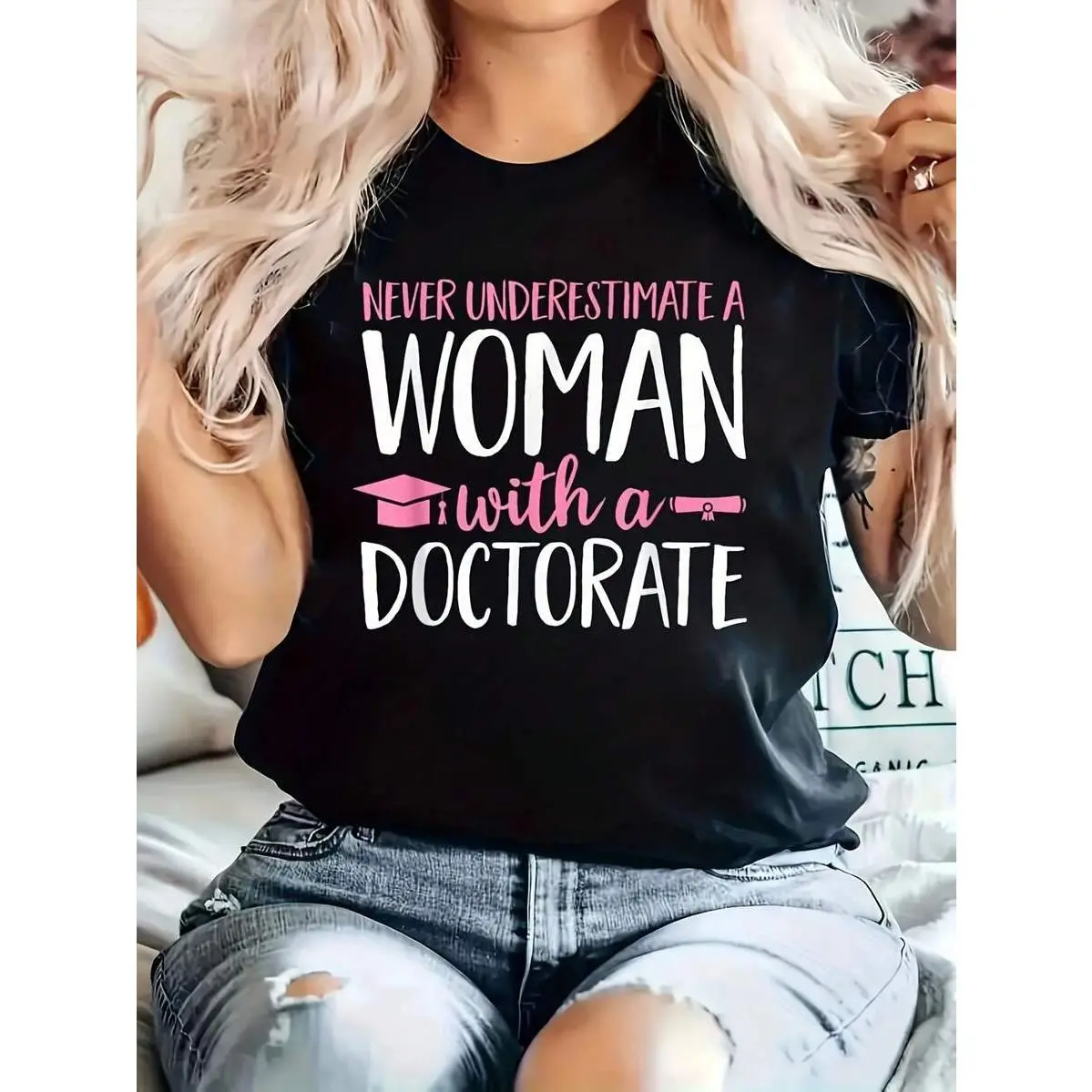 Women'S PhD Graduate Doctorate Degree T-Shirt - Funny "Never Underestimate A Woman With A PhD" Slogan & Mortarboard Graphic - Soft Breathable Lightweight Comfort Fit Crew Neck Short Sleeve - Graduation Gift For Women, Unisex Casual Academic Apparel