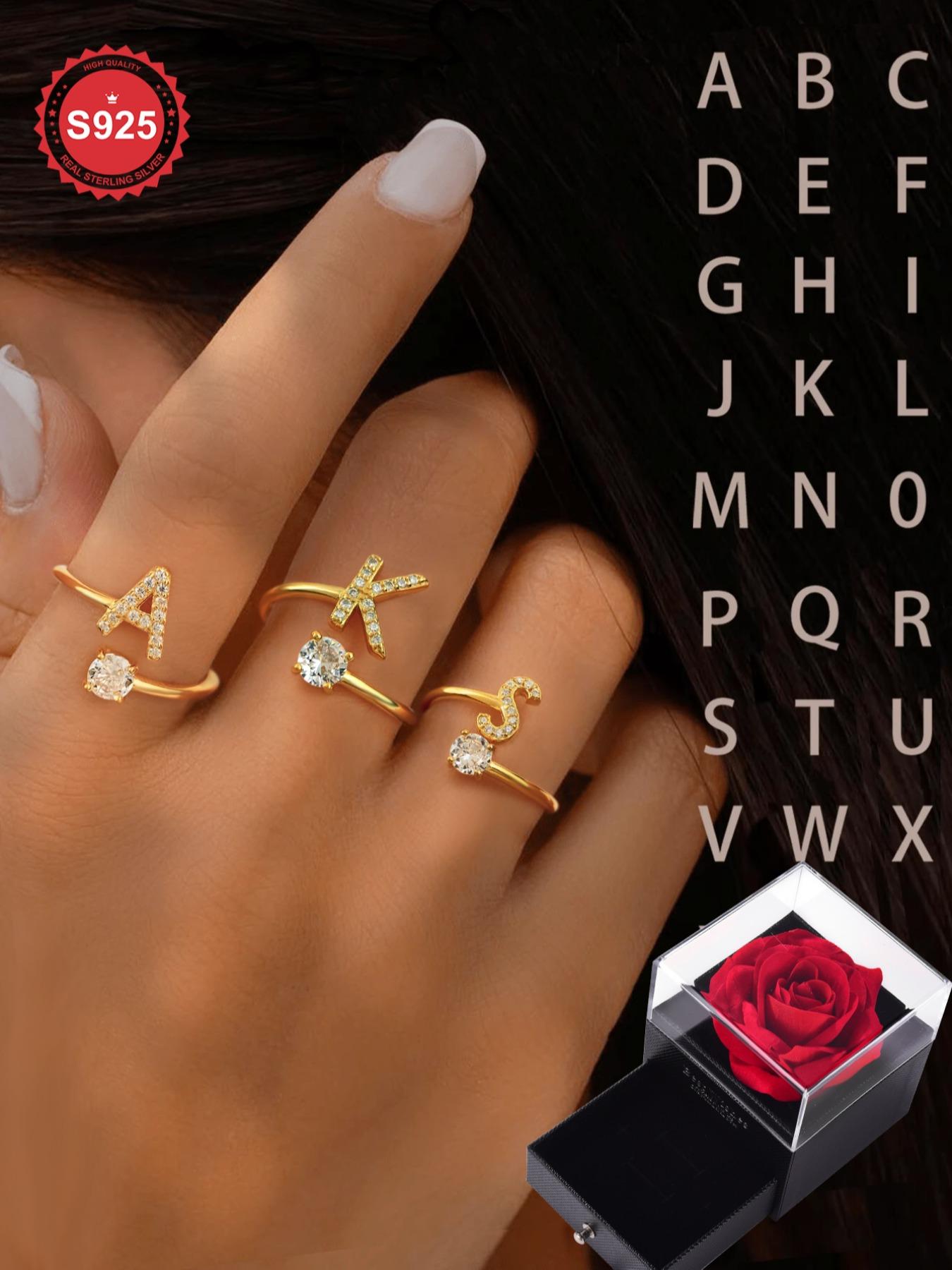 S925 Sterling Silver Initial Letter Adjustable Ring, Fashion Rhinestone Decor Cuff Ring for Party, Daily Clothing Decor, Trendy All-match & Exquisite Jewelry for Gift Wedding, Valentine's Day, Gift, Alphabet Design Ring
