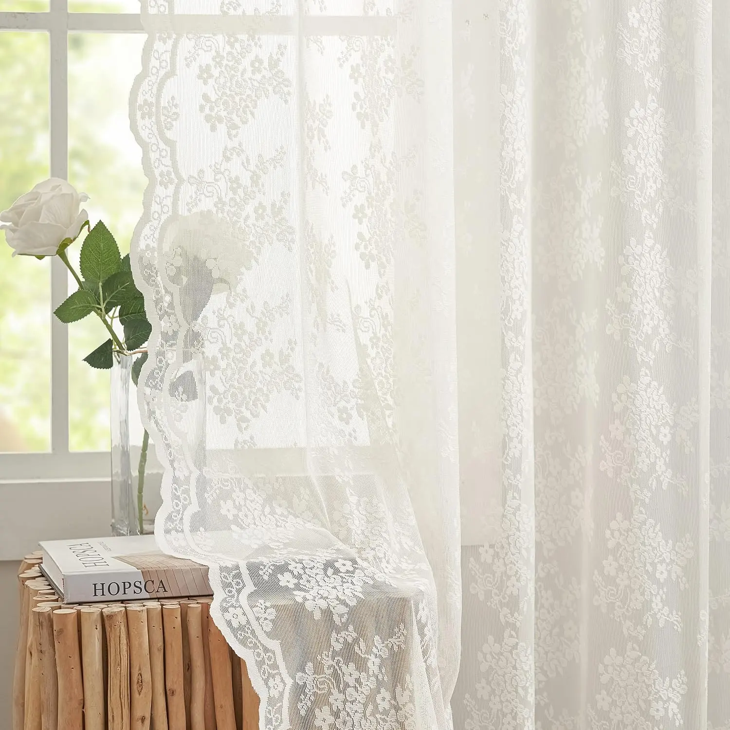 Vintage Lace Curtains 84 Inches Long-Victorian Floral Pattern Ivory Sheer Curtain Panels for Living Room Bedroom French Door, Light Filtering Drapes, 2 Panels 52W x 84L Cream