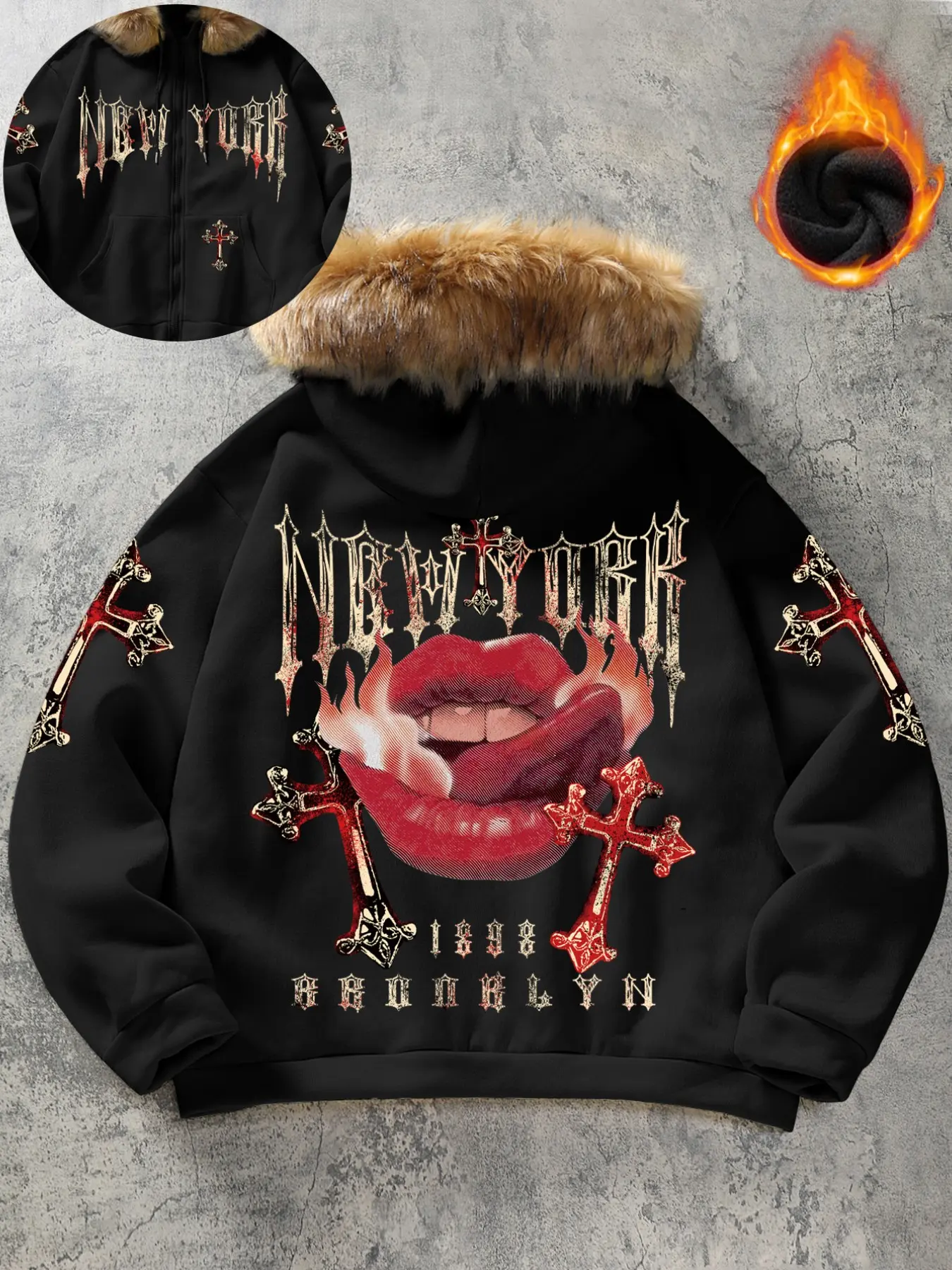 Dark Gothic Y2K Street Style Men's Fur Collar Fleece Jacket, Vintage Brooklyn Lip Cross Art Print, Full Zip Thick Warm Loose Fit Coat