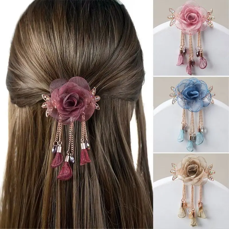 Elegant Rose Flower Hair Claw Clip with Chain Tassel & Mesh Floral Design, Fashion Large Hair Claw Hair Clip for Women & Girls, Stylish Flower Hair Accessories for Thick or Thin Hair, Daily Wear, Party & Wedding Styling, Compatible with Most Hairstyles