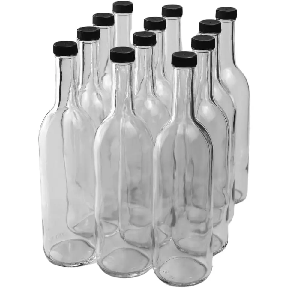 750ml Clear Glass Bottles with Lids, W5 Bordeaux, 12-Pack, Black Screw Caps | Flint flat-bottomed Empty Wine Bottles for home winemaking, mead and liquor storage | Includes 12 Threaded Plastic Caps