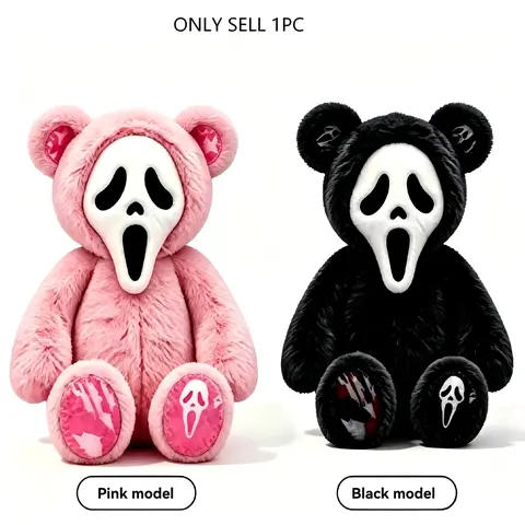 Scream Ghost Face Teddy Bear Plush Toy, Huggable Bear, Horror Skull Mask Stuffed Animal Doll, Cute Spooky Halloween Decor Collectible Gift for Fans