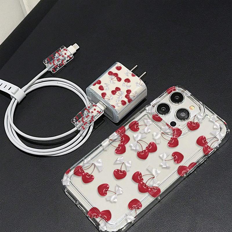 Cherry Pattern Phone Case with Charger Head Cover & Cable Protector & Storage Rope, Protective Anti-drop Phone Case for iPhone 6/7/8/X/XS/XR/XS Max/11/12/13/14/15/16 Pro Max, Casing
