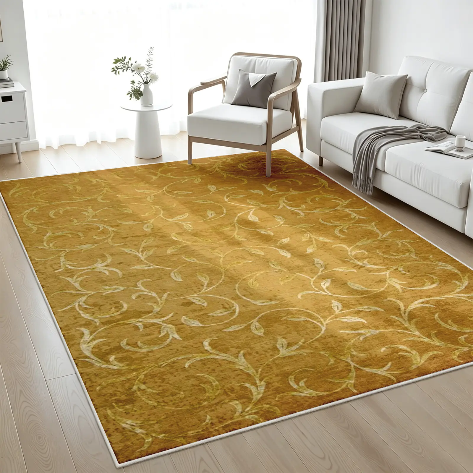 1-Piece Faux Wool Modern Abstract Area Rug (Multi-Size), 8x10ft Mustard Yellow Base with Cream Scroll Vine, Soft Non-Slip Machine-Washable Stain-Resistant Low-Pile Floor Covering for Living Room, Bedroom, Home Office & Indoor Rooms