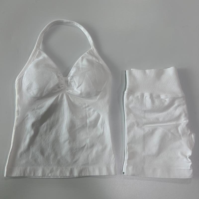 2Pcs Gym Set Women Backless Tank Tops High Waist Scrunch Seamless Shorts Gym Suit Fitness Clothes Activewear Workout Sets