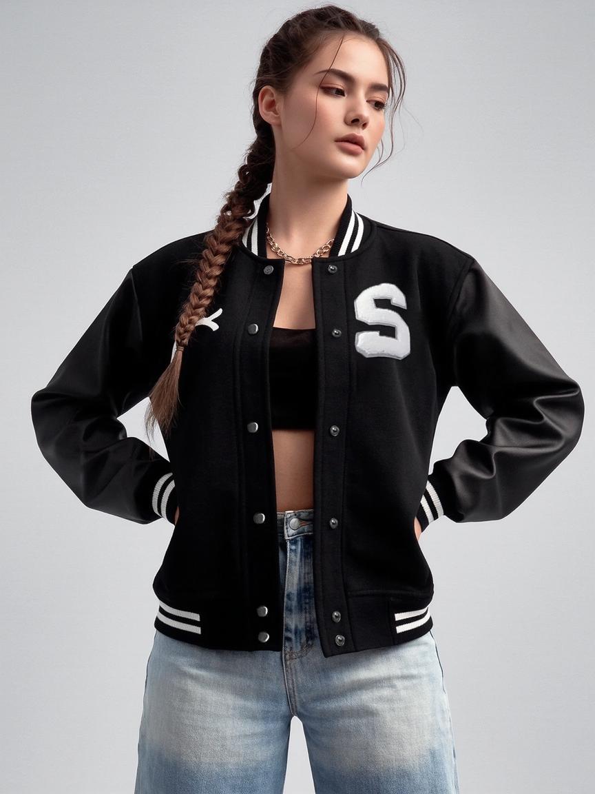 Women's black and white jacket, spring and autumn style, letter print casual coat, loose and fashionable trendy top