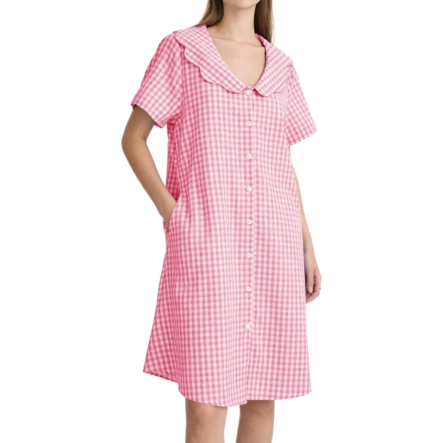 Women's Cotton Gingham Nightgown, Short Sleeve Button-Down Pajama Dress with Pockets, Casual Loungewear, Nightwear, Shortsleeve, Gingham Print, Picnic