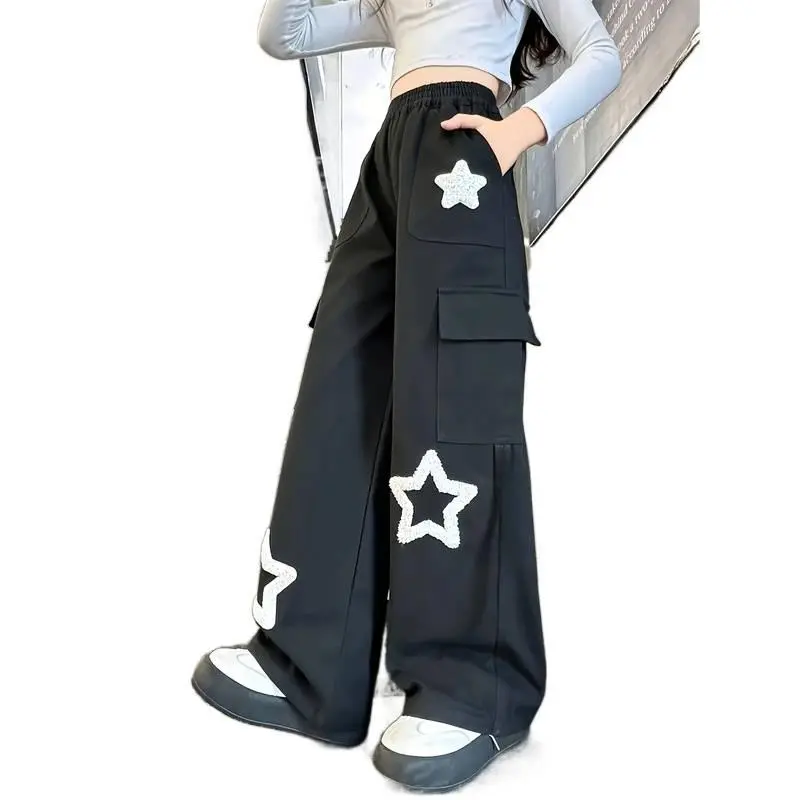 Girls' cargo pants with a casual fit and elastic waistband, suitable for outdoor wear in spring, summer, and autumn-DHY