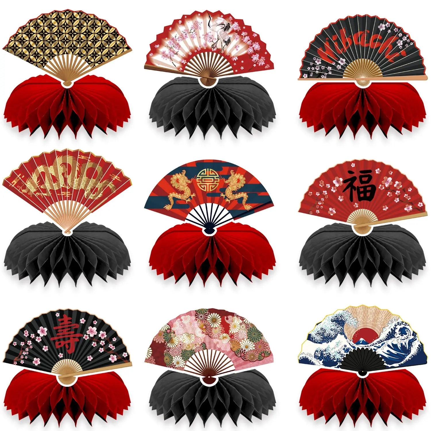 9PCS Japanese Party Centerpieces Decorations Hibachi Birthday Party Decorations Asian Chinese Japanese Style Paper Fans Honeycomb Centerpieces Table Decor Asian Baby Shower Wedding Birthday Decor Supplies