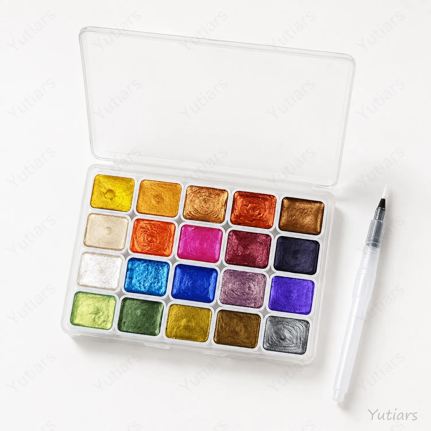 Metallic Watercolor Palette Set 20 Shimmer Colors with Refillable Water Brush Pen, Portable Solid Paint Kit for Artists, Beginners and Creative Crafts