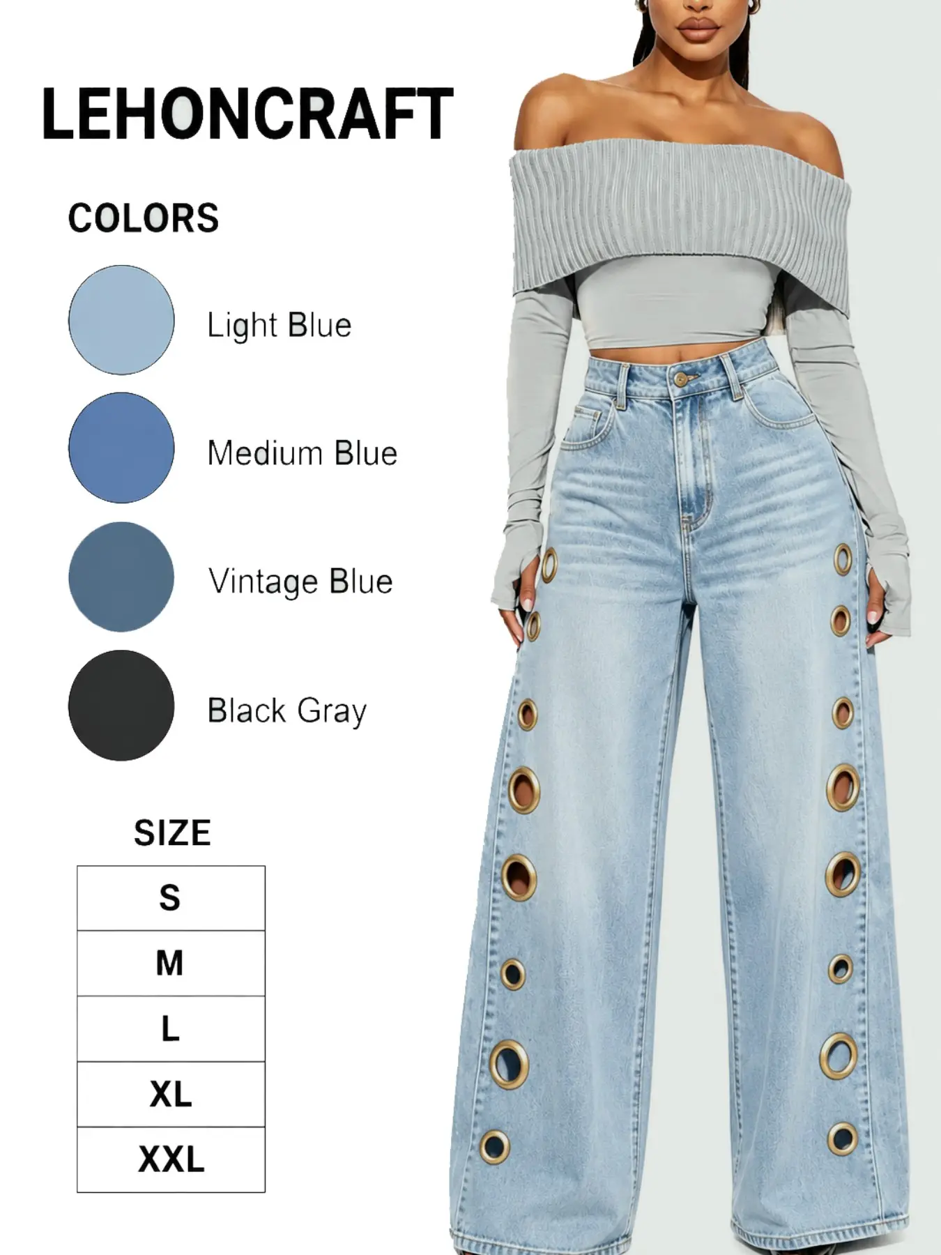 2026 Spring Summer all season New Metal Asymmetrical Eyelet Women's Solid Color Loose Jeans