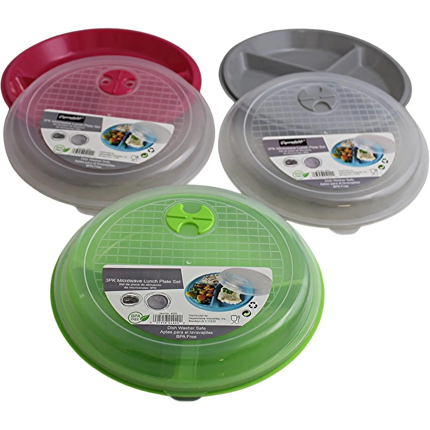 3-Pack Divided Microwave Plates with Vented  –  Colors –   Plates for Portion Control, Meal Prep & Leftovers – Stackable, Freezer & Dishwasher Safe