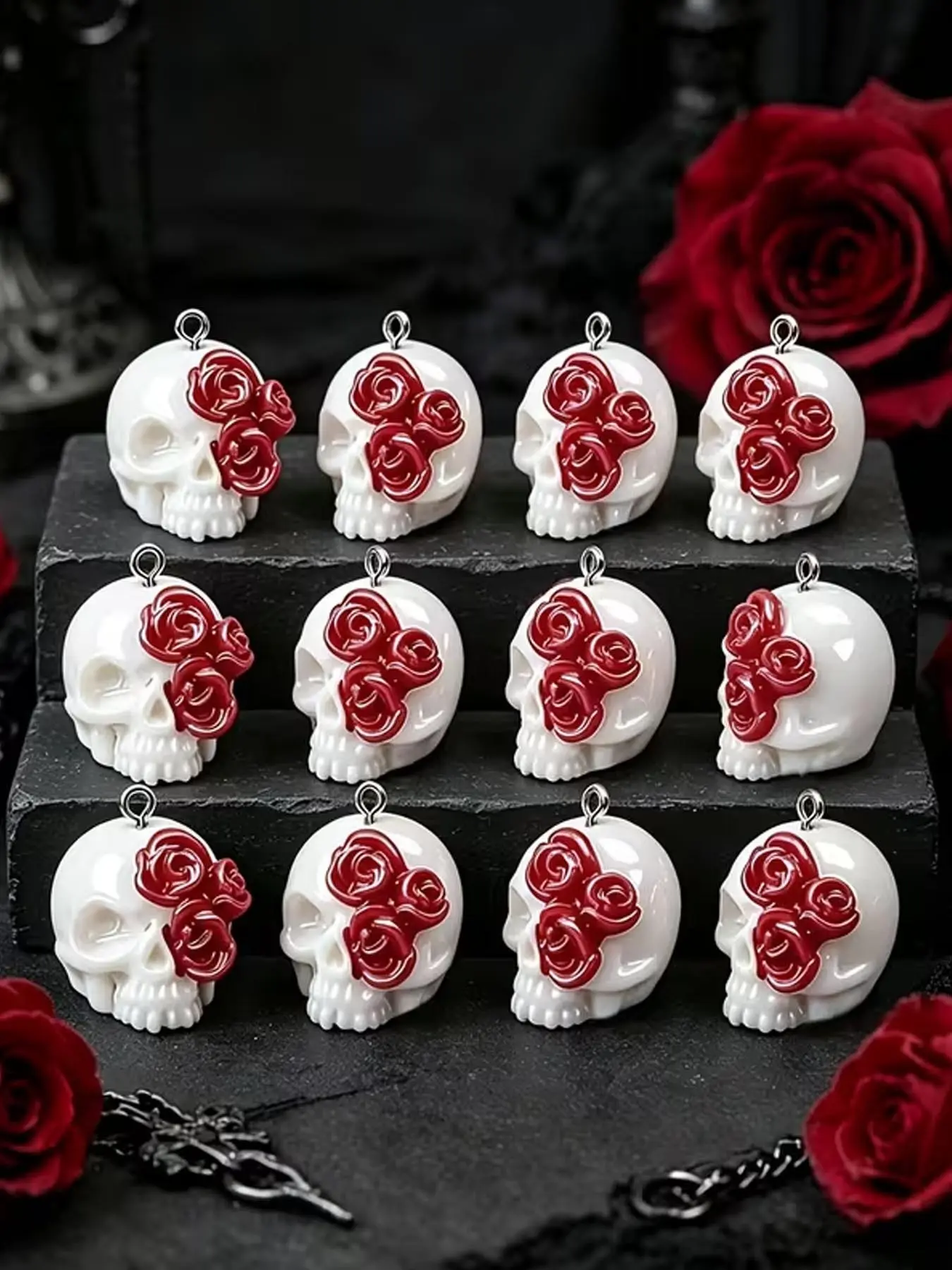 12pcs Three-Dimensional Rose Skull Pendant, Gothic Resin Charm, Halloween Skull Keychain Decoration, Perfect Jewelry Making, Handmade DIY Jewelry, Crafts Creative Gift Accessories, Holiday Accessories