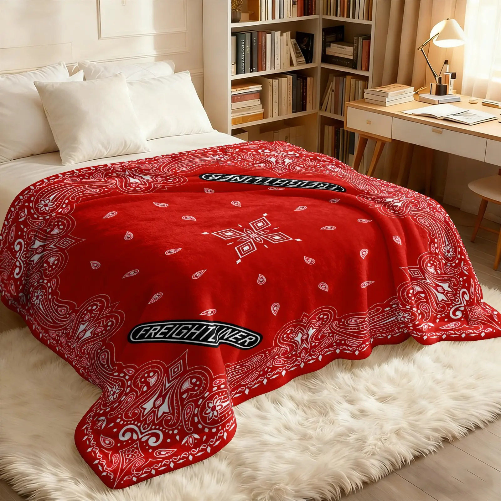 ：Skin-friendly Breathable Flannel Throw Blanket, Bright Red Base Bohemian Paisley Bandana Full Print, Lightweight All-season Sofa Bed Cover, Portable Nap & Travel Essential Home Textile