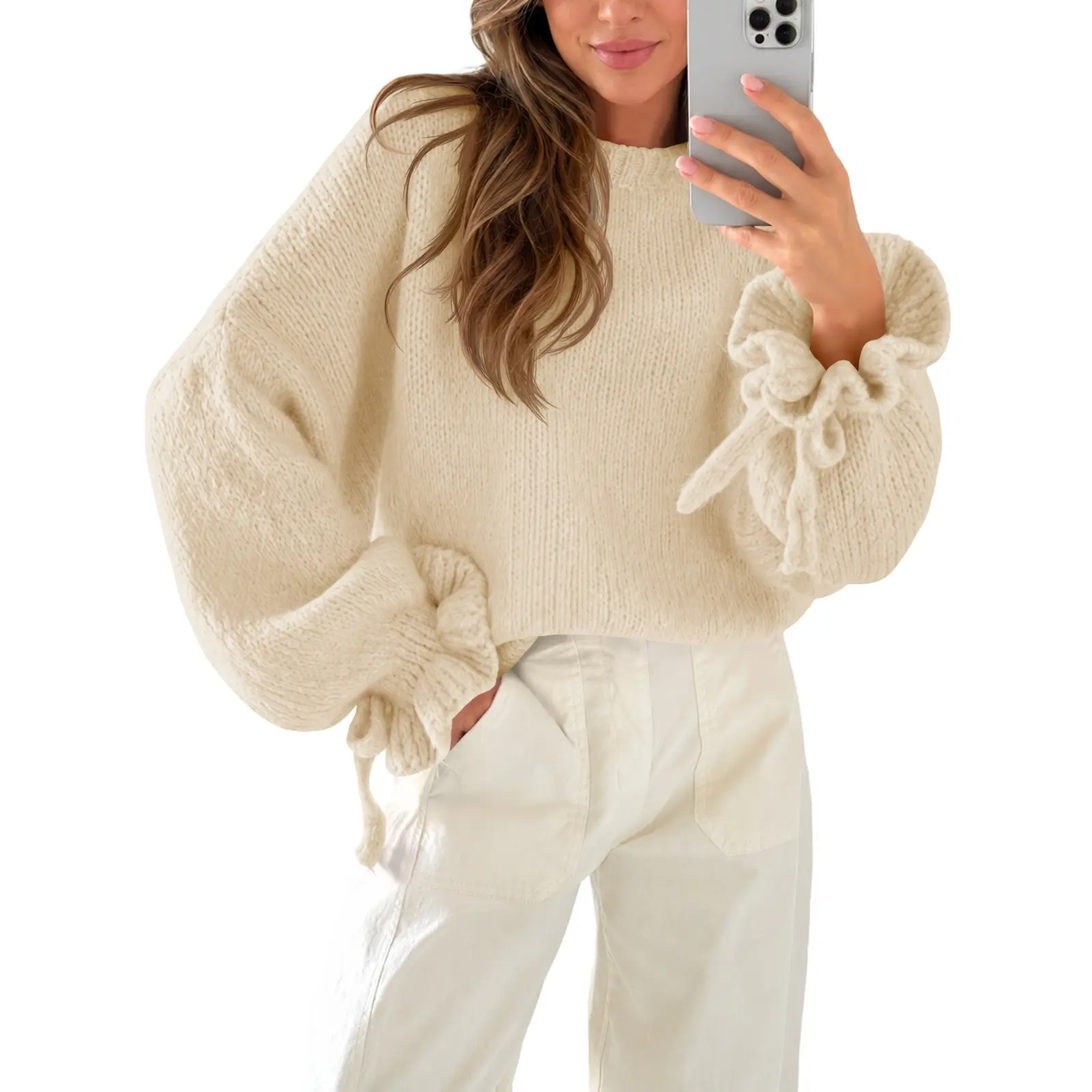 Saodimallsu Womens Ruffle Sleeve Sweater Oversized Chunky Fall Pullover Top | Crew Neck,Batwing Long Sleeve,Soft,Cozy Knit,Cute Trendy,Bow Tie,Butterfly,Winter,Casual Daily Wear