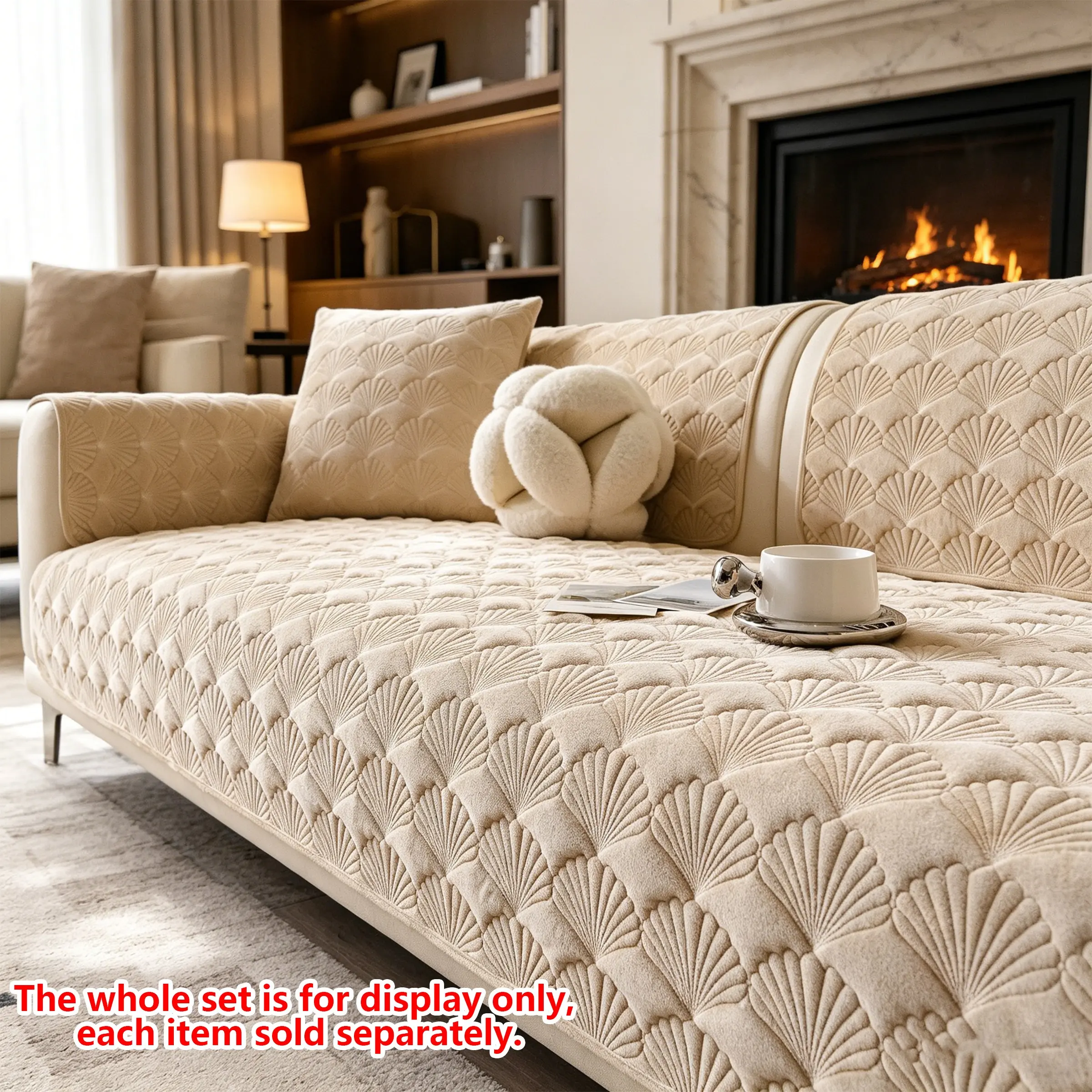 Ginkgo Leaf Quilted Plush Sofa Pad, Non-Slip Edge Design, Washable, Multi-Color, Fits Straight and L-Type Sofas, All Seasons