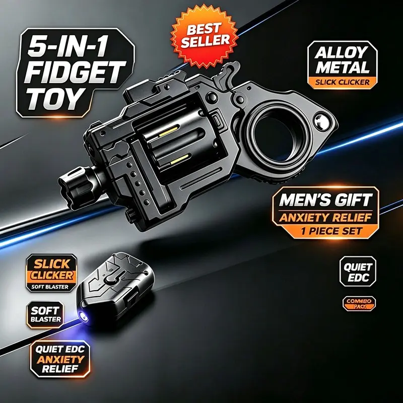 Metal Stress Relief Toy 5-In-1 Alloy, with Slider Sound Piece and Soft Dart Launcher, Silent Anxiety Relief, Edc Toy, Cool Gift for Men, Stress Relief Fidget