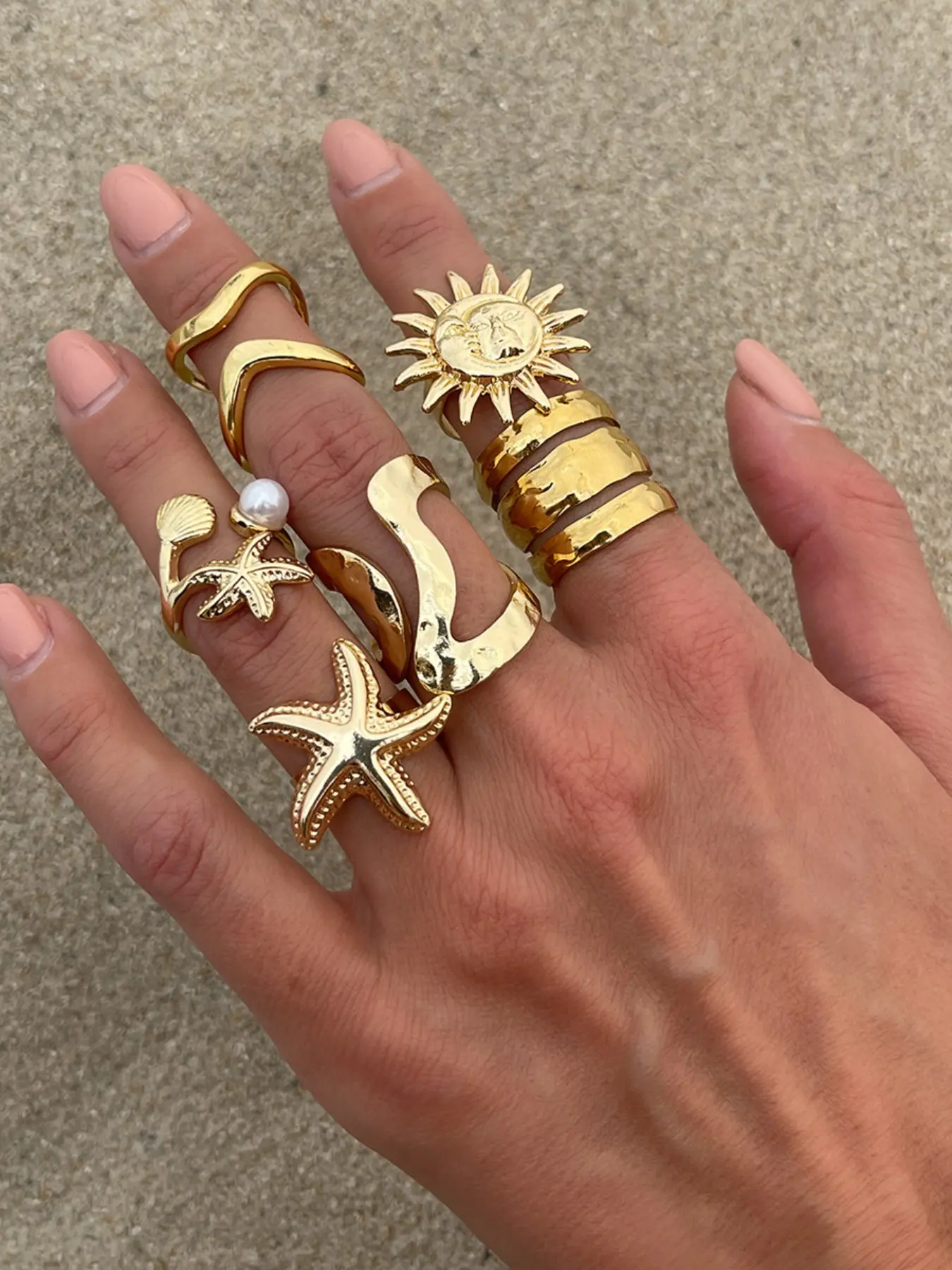 6-Piece Boho Coastal Stackable Ring Set, Beach Vacation Style, Sun Star Shell Pearl Wave Texture, Open Rings, Summer Women's Jewelry