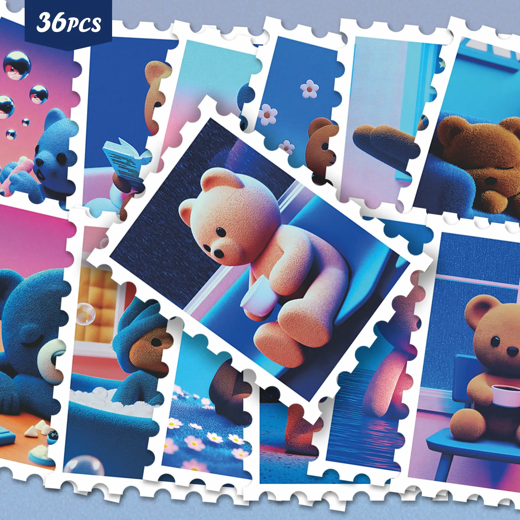 36pcs Flocking 3D Gradient Teddy Bear Die Cut Stickers Pack | Soft Pastel Pink Blue Plush Bear Hot Air Balloon Cherry Blossom Cute Daily Scene Illustration Graphics | Vinyl for Scrapbook, Notebooks & Decor
