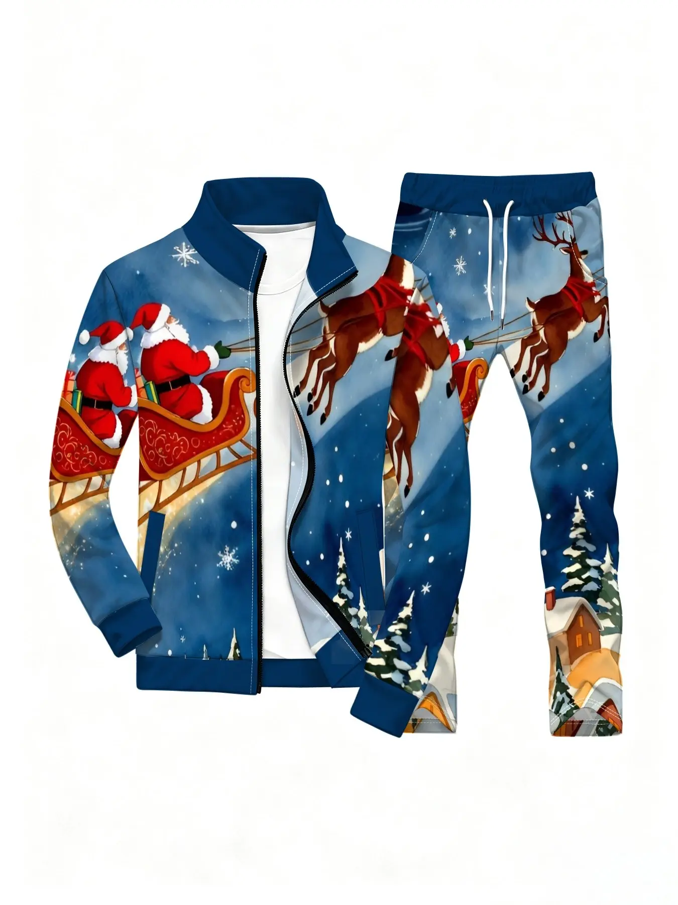Christmas Theme Two-Piece Set, Men's Night Sky Snowfall Santa Claus Reindeer Sleigh Print Stand Collar Jacket + Drawstring Long Pants Set