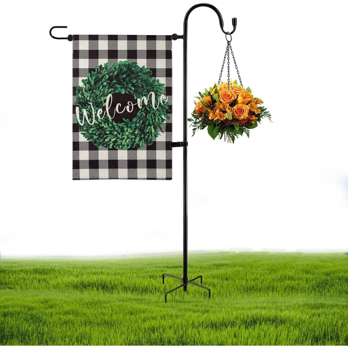 Garden Flag Holder Stand and Shepherds Hooks, 48 Inch Height with 1/2 Thick Metal Pole-Outdoor Lawn Yard Stake for Small 12x18, Solar Lights-Mini (1), Black (GFSH-X1)