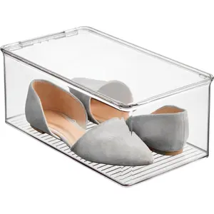 Stackable Shoe Box - Plastic Shoe Box with Hinged-Lid - Clear - Made in USA