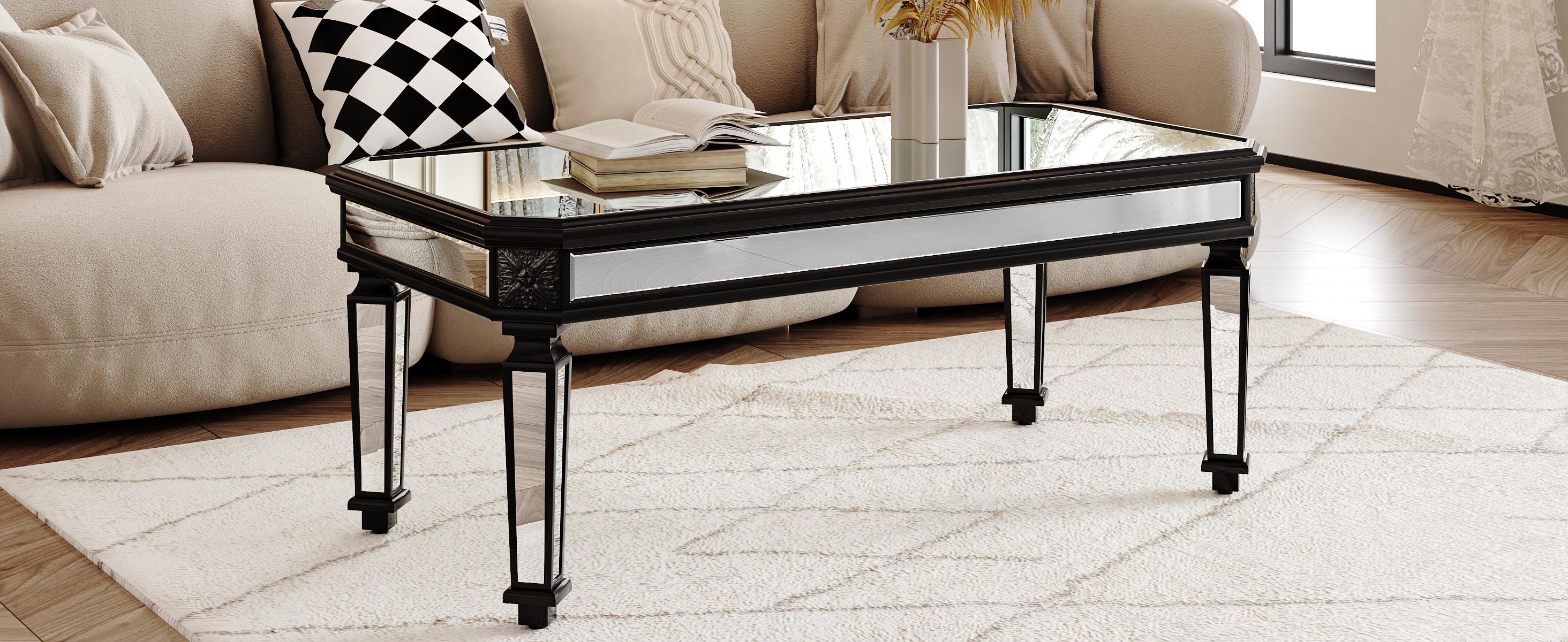 Silver Mirrored Coffee Table, Black Vintage Carved Wooden, Rectangle Glass Tea Table with Mirrored Finish, Modern Center Table for Living Room and Office (24" D x 48" W x 18" H)