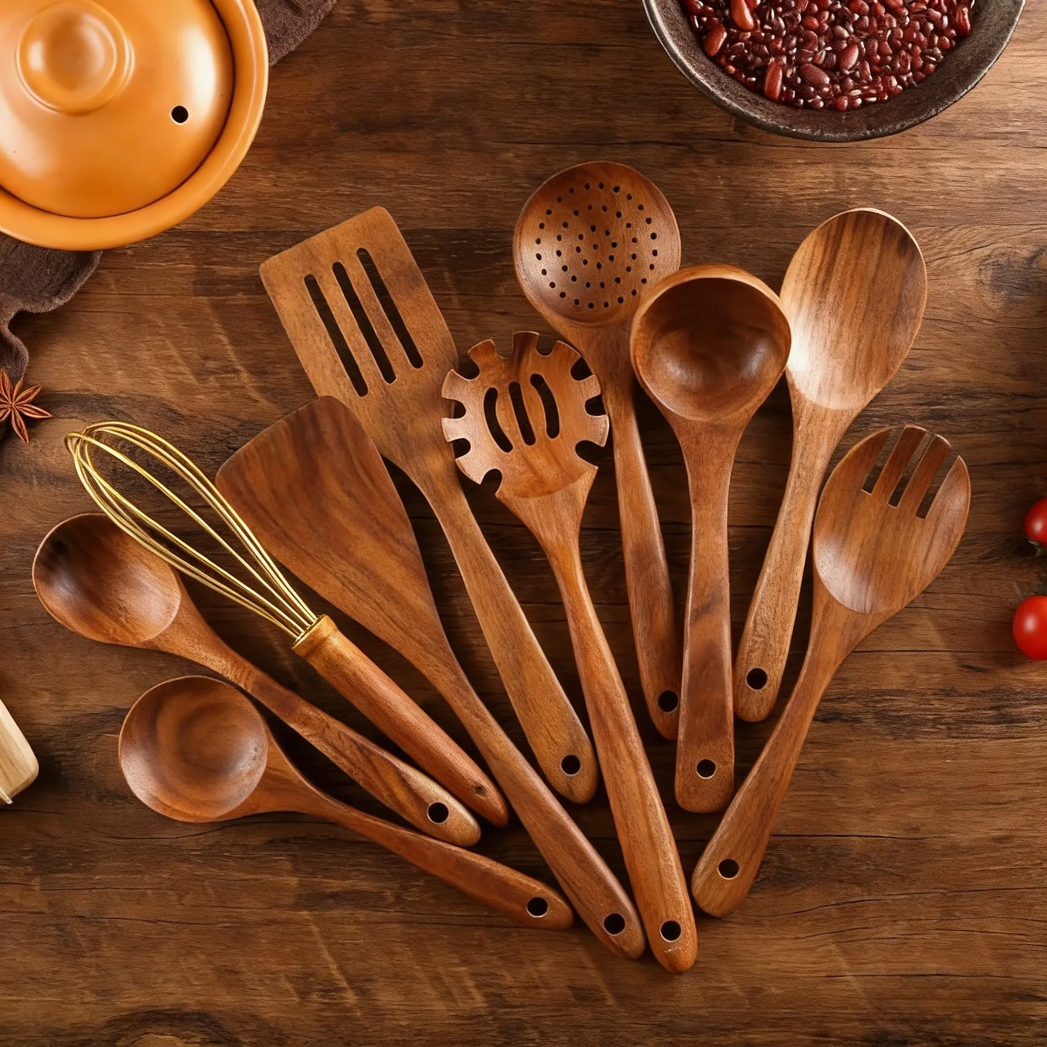 10-Piece Natural Wood Kitchen Utensils Gadgets Set, Ergonomic Handles, Heat Resistant, Includes Spoons, Pans, Ideal for Induction Cooktops