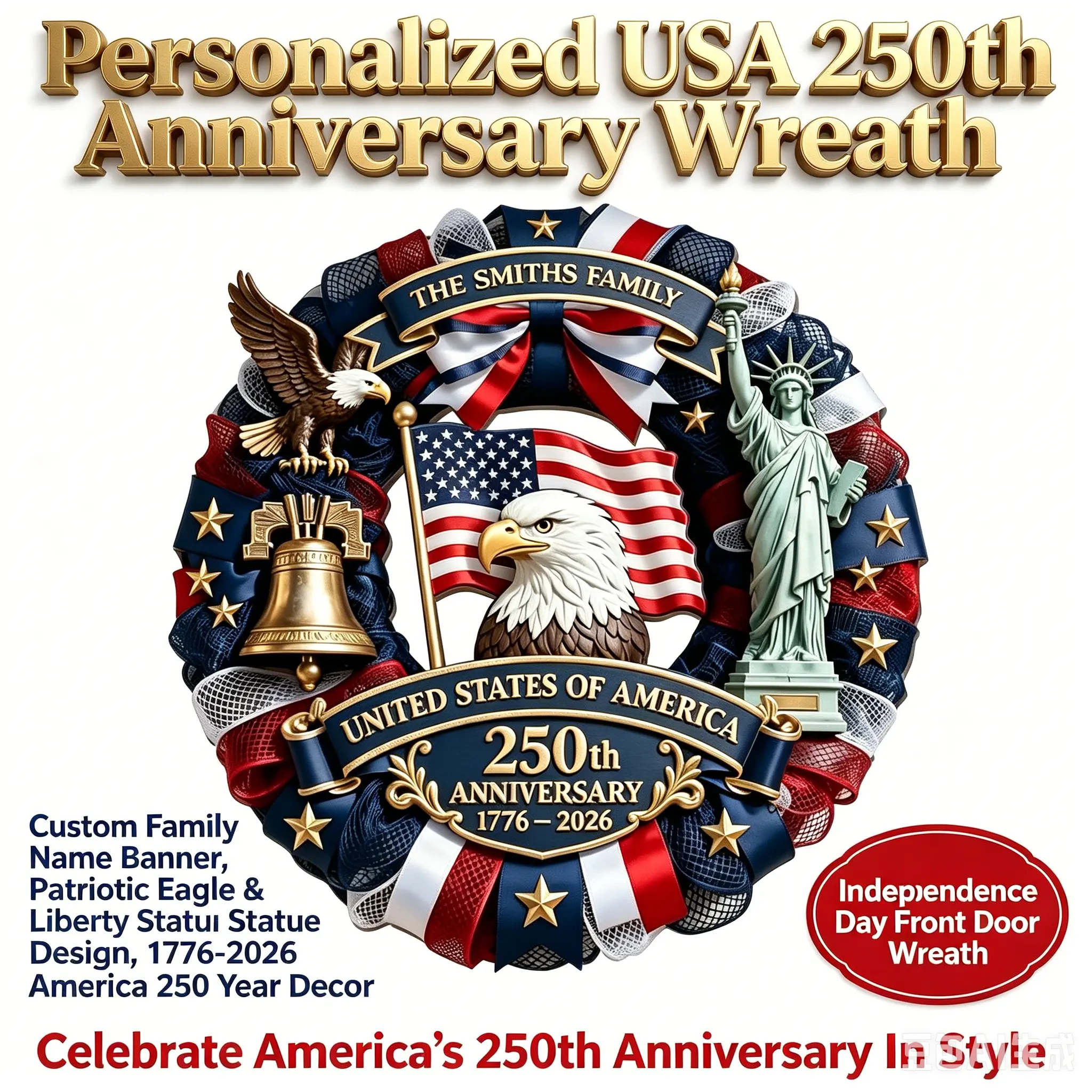 Personalized US 250 Year Anniversary Wreath Custom Family Surname Patriotic Decor, Indoor Outdoor Decorative, Vintage American Flag Wreath for Front Porch Farmhouse Indoor Outdoor Festive Decoration