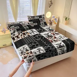 3Pcs Western Highland Cow Patchwork Fitted Sheet Set No Fillers, Farm Cowhide Plaid Print Bed Sheet Set, Rustic Bedding Set with Pillowcases for Men Boys Western Cabin Bedroom Decor